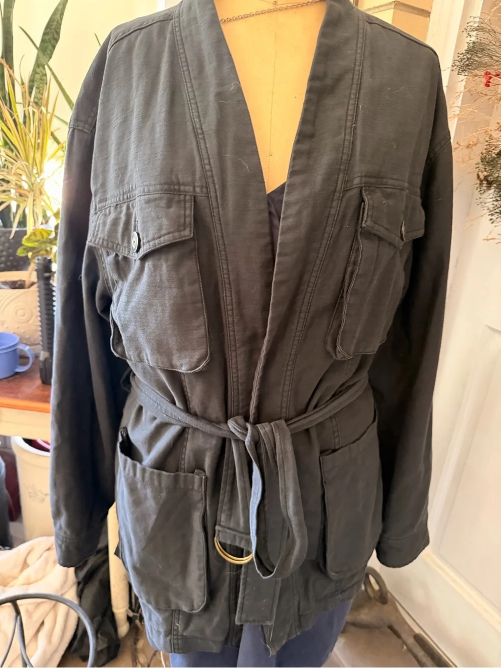 Free People Black Belted Utility Jacket with Patch Pockets